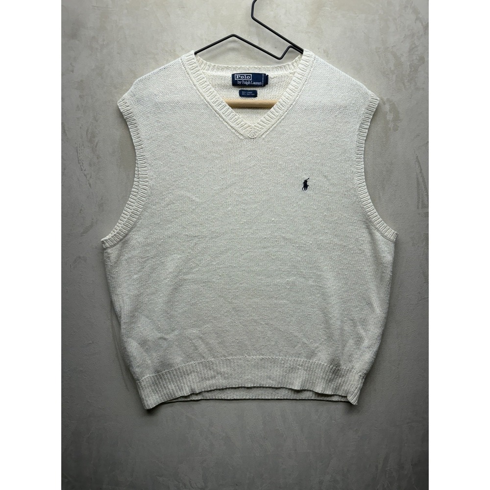 Vintage Polo Ralph Lauren Sweater Vest Men XL Knit Preppy White Linen Cotton 90s